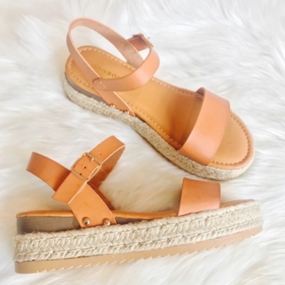 Tan Espadrille Platform Sandals Single Band Strap - Picture 2 of 5